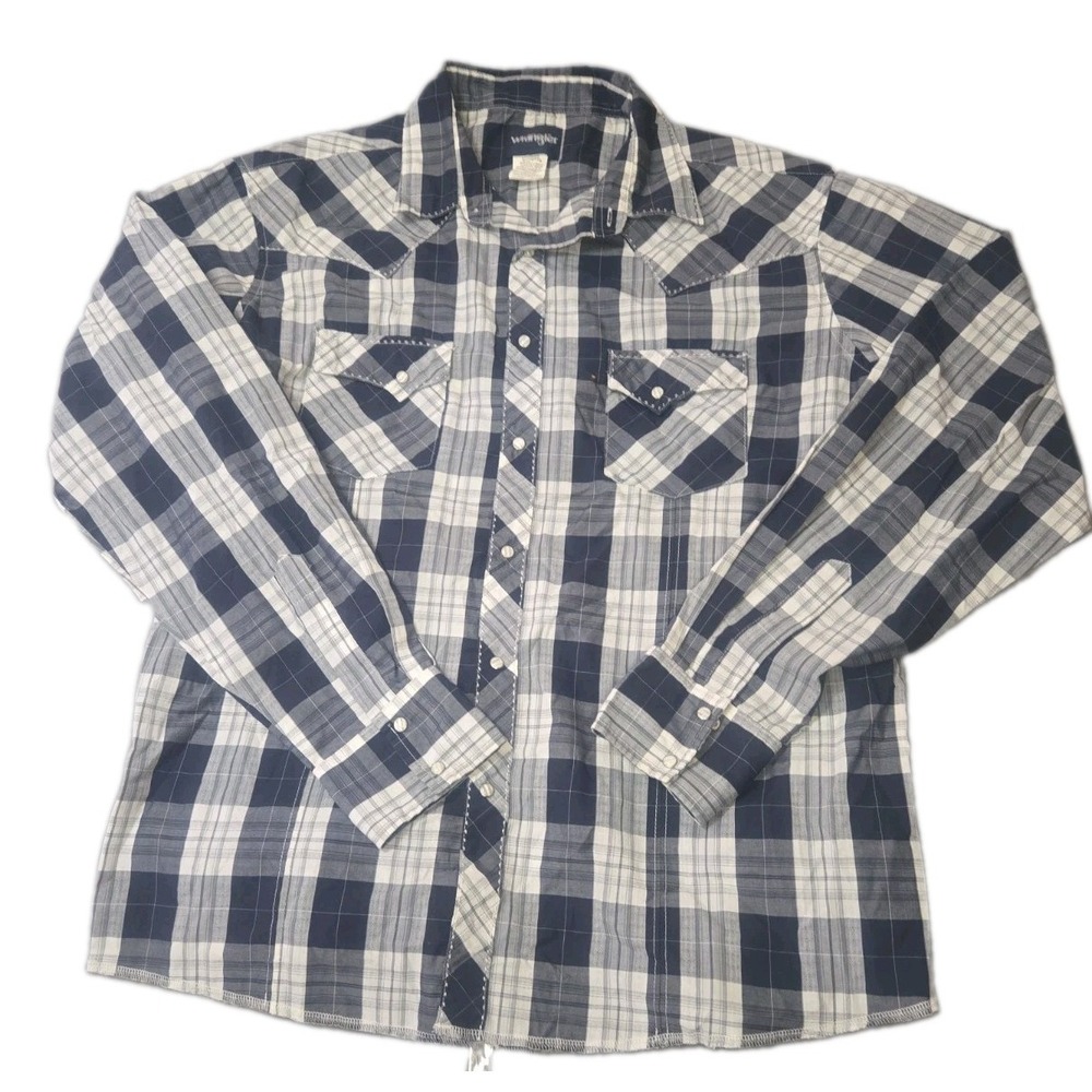 Wrangler Western Shirt Mens 2XL XXL Pearl Snap Button Up Long Sleeve Plaid Blue